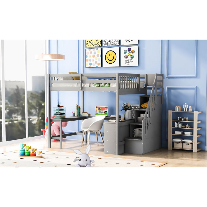 Lit mezzanine double de couleur grise avec bureau intégré et tablettes - étagère de lit fonctionnelle avec escalier de rangement et solution de rangement