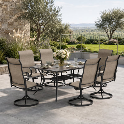 Keppler 6-Person Outdoor Rectangular Patio Dining Set With 360° Swivel PVC-Coated Polyester Chairs