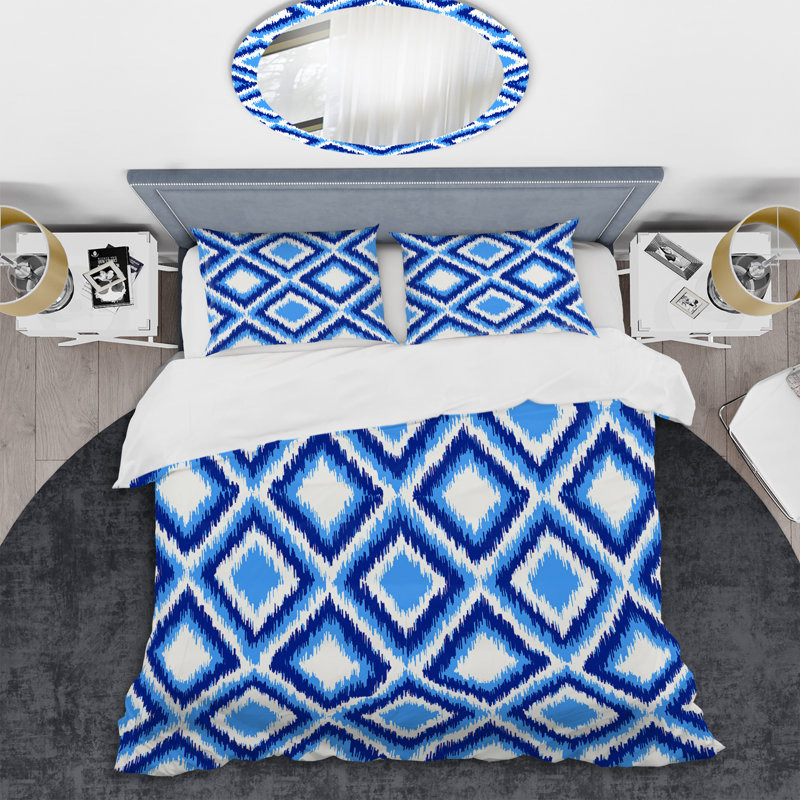Blue Ikat Ogee - Ensemble de housse de couette abstrait - Microfibre de polyester