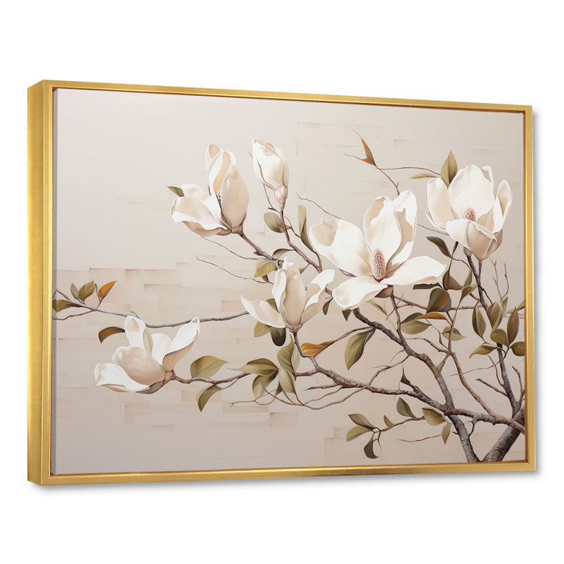 Magnolias rêveuses beiges en fleurs II, Cadre flottant doré, H 12 po x l 20 po x P 1 po