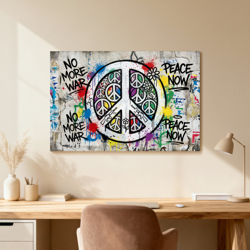 Symbole de paix, impression d'art graffiti avec effets de peinture en aérosol coloré, H 24 po x l 36 po, Grain de bois clair