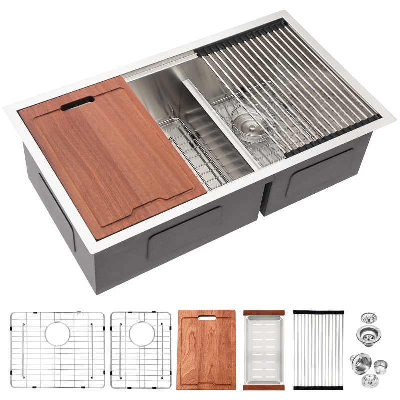 Évier de cuisine encastré 30 po x 19 po à double cuve 60/40 en acier inoxydable T304 de calibre 16 avec deux cuves profondes de 10 po, tablier avant en forme de X, guide d'eau en forme de X, coin arrondi R10, revêtement, patin en caoutchouc de 3 m