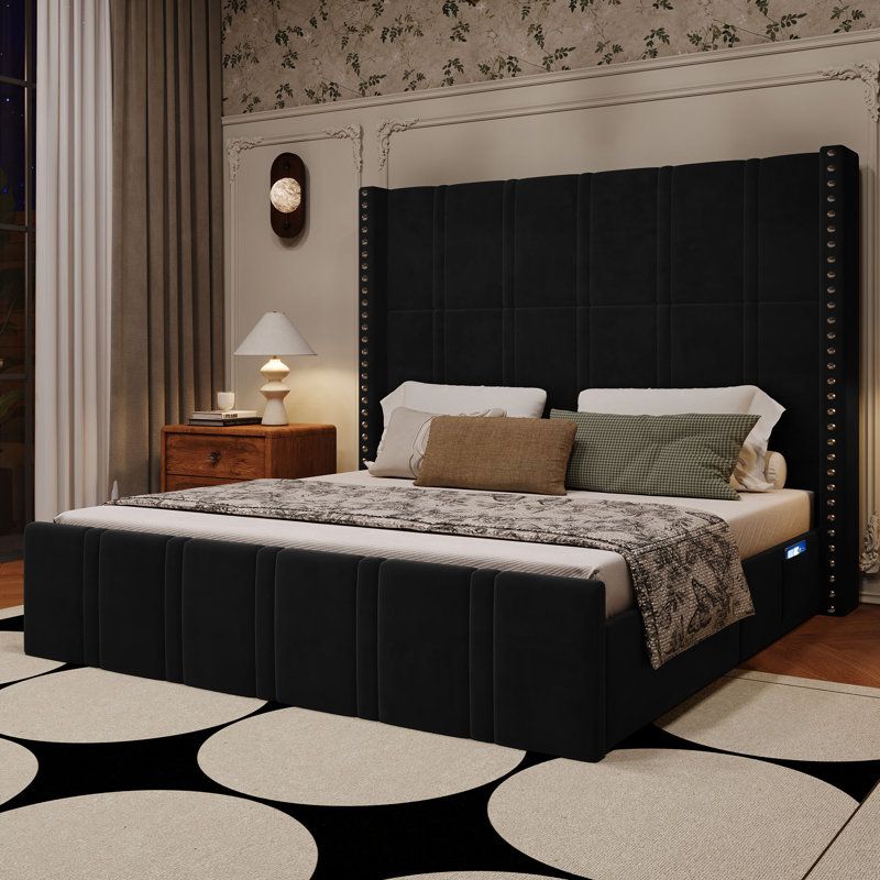 66" Tall Velvet Wingback Platform Bed with Side Storage Pockets, No Box Spring Required, Black, King