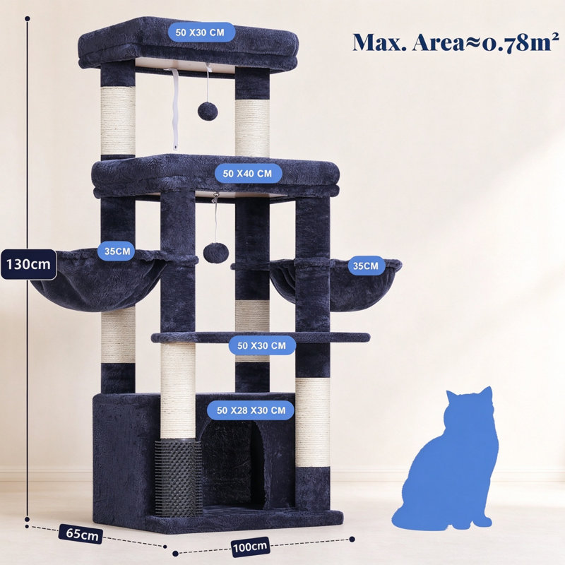 Cat Tree Tower, 130cm Tall with Extra Large Platform, Spacious Cat Condo, 2 Cozy Hammocks & Self-Grooming Brush, for Indoor Adult Cats & Maine Coon, Smoky Grey