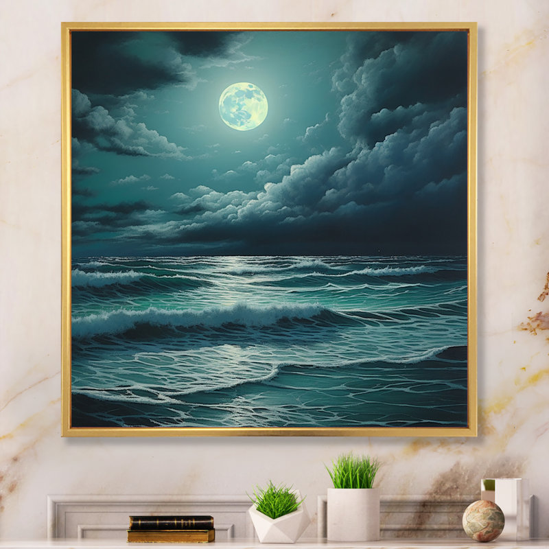 Super lune au-dessus de la mer IV - Décoration murale plage et océan, Cadre flottant doré, H 30 po x l 30 po x P 1 po
