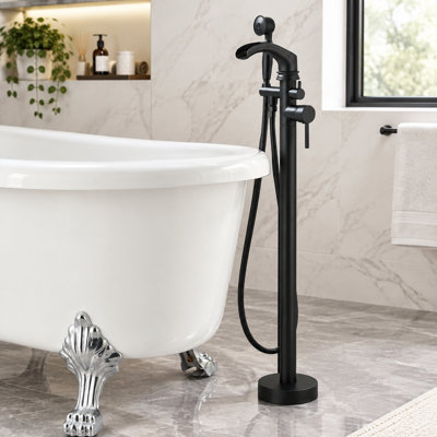 Robinet mitigeur de douche/baignoire sur pied noir mat, à poignée unique, avec douchette à main et robinet cascade.
