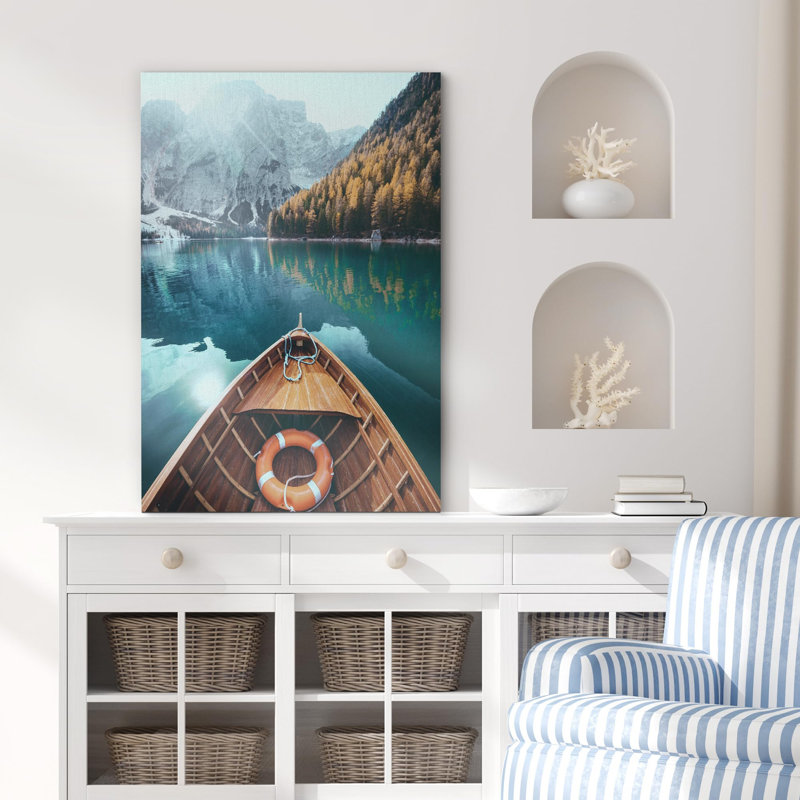 "Peaceful Boat On Alpine Lake Mountain Reflections And Clear Waters Photographie Nature Landscape" sur toile