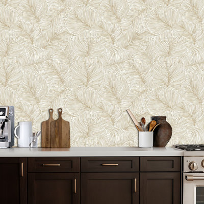 Papier peint adhésif autocollant beige à motif de feuille de palmier tropical amovible pour armoire de cuisine de chambre à coucher 17,7 po x 118 po
