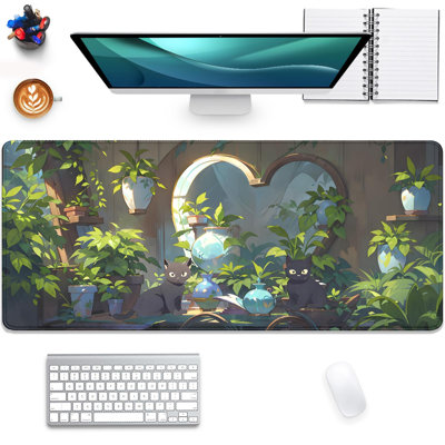Tapis de souris Lofi Cat, tapis de bureau avec motif plante verte et chat noir, tapis de souris de jeu étendu avec bords cousus, base en caoutchouc antidérapante et imperméable, idéal pour le bureau, l'ordinateur, le clavier, l'ordinateur portable et la maison. Dimensions : 40 x 80 cm. Tasse blanche offerte.