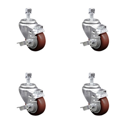 3 Inch SS Polyurethane Wheel Swivel ½ Inch Threaded Stem Caster Set Brake