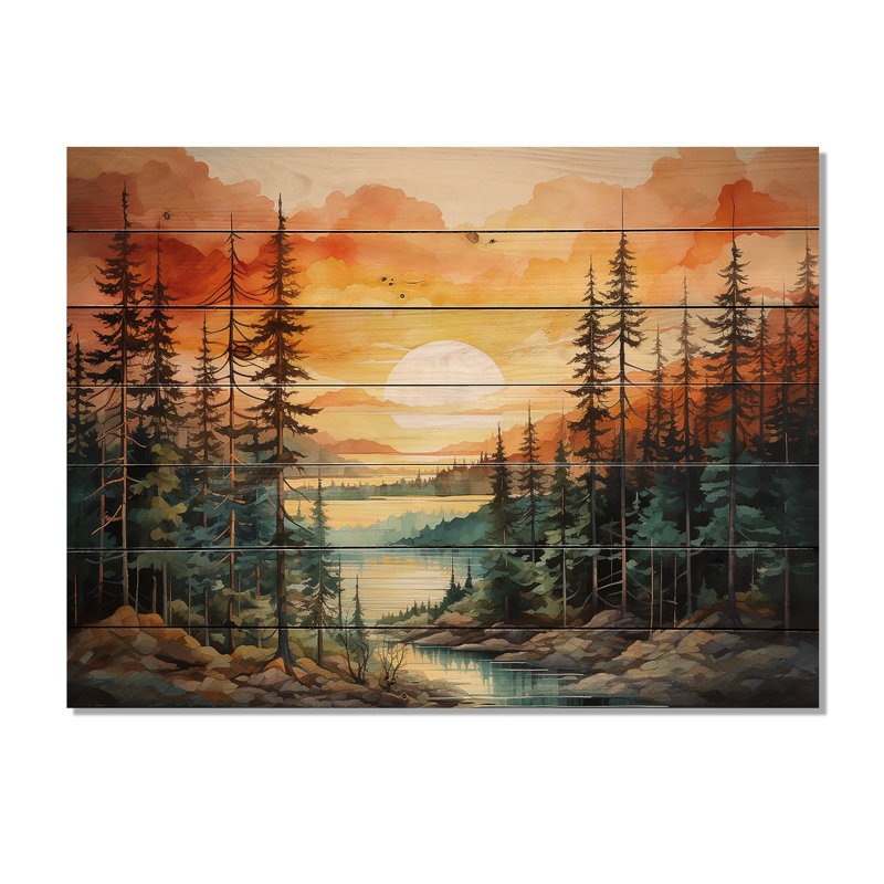 «Pine Tree Sunset Glow II» sur bois, H 24 po x l 32 po x P 0,78 po