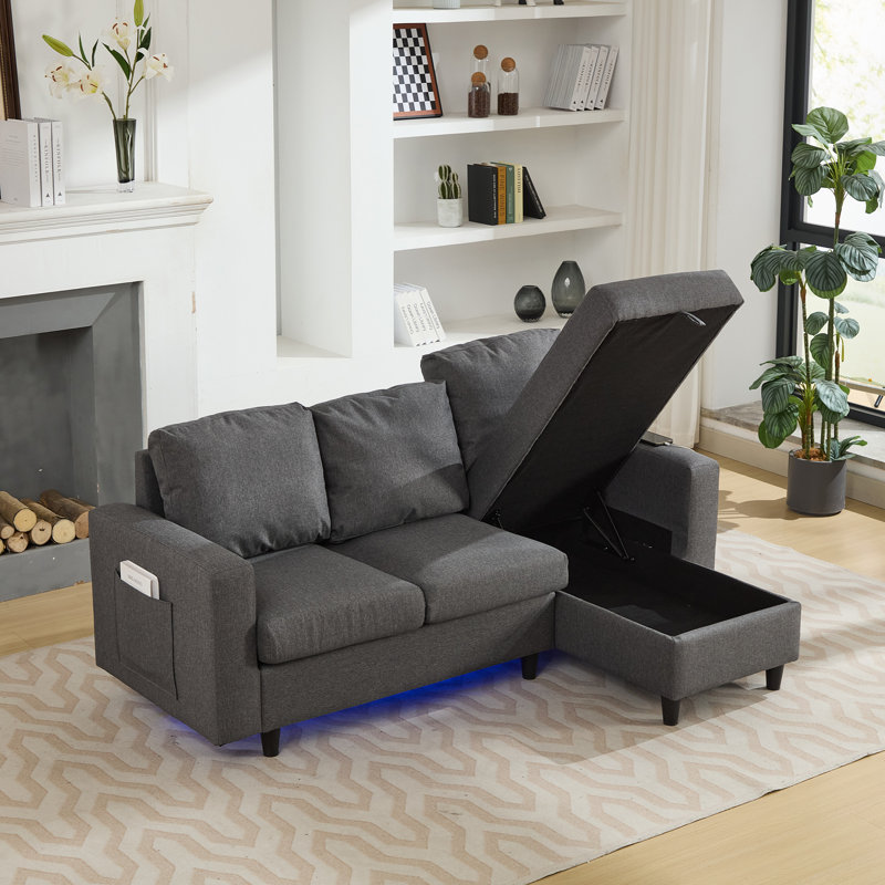 L-shaped 3 Seater Convertible Sofa With Led, Usb And Ottoman, Grey