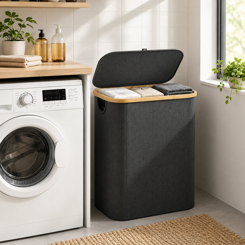 Panier à linge 3 compartiments de 160 L avec couvercle et sac de rangement amovible, Gris, 160 L