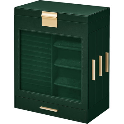 Boîte à bijoux à 5 couches avec fenêtre en verre et miroir, organisateur de bijoux avec 3 tiroirs latéraux réglables, étui à bijoux moderne avec doublure en velours