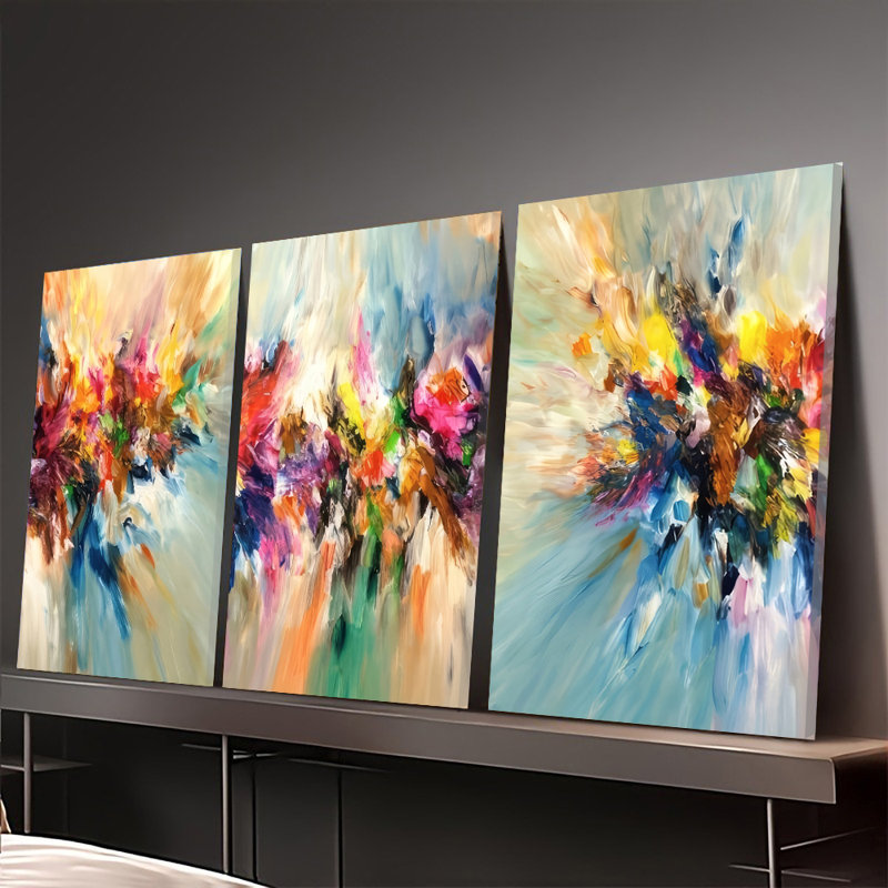 Ensemble de 3 affiches encadrées, art mural abstrait et coloré sur toile, peinture abstraite moderne, 3 œuvres d'art vibrantes aux coups de pinceau pour salon, chambre, bureau, décoration intérieure contemporaine.
