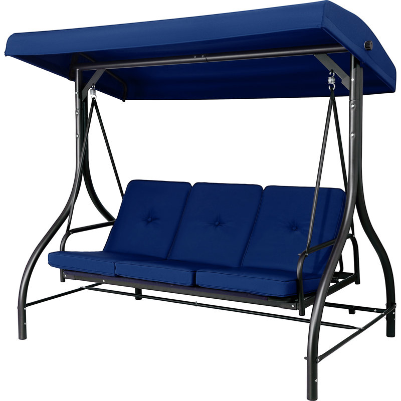 Balancelle d'extérieur pour 3 personnes avec auvent et support réglables, balançoire convertible en lit plat 2 en 1, banc de balançoire de patio avec coussins épais, structure en acier robuste, résistante aux intempéries, pour jardin, cour, terrasse