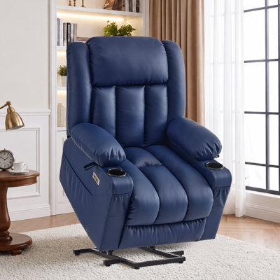 Fauteuil inclinable électrique à deux moteurs avec massage et chaleur, fauteuil inclinable électrique à position infinie avec USB A&C, porte-gobelets (T6010 - Similicuir, bleu marine, moyen)