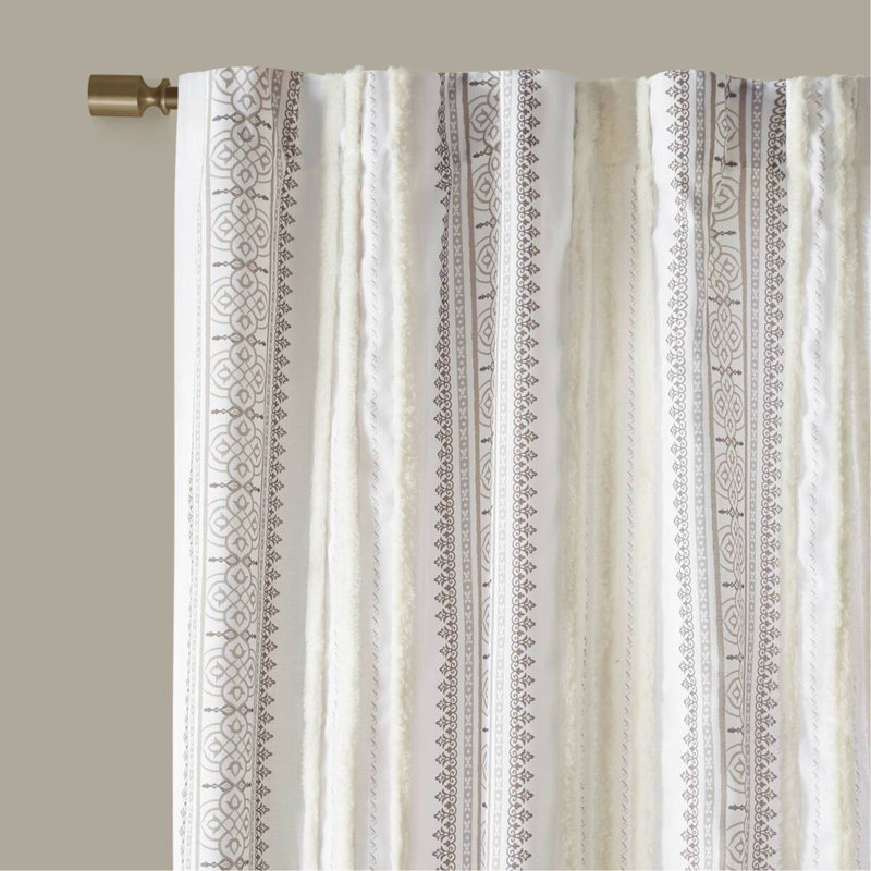 Poly Printed Curtain Panel With Tufted Stripe And Lining, Beige, 50" W x 84" L