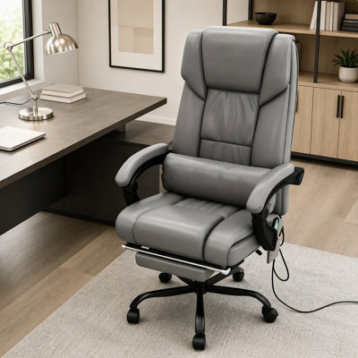 Fauteuil de bureau ergonomique inclinable à dossier haut avec 6 points de vibration, repose-pieds et télécommande pour un confort et une relaxation ultimes.