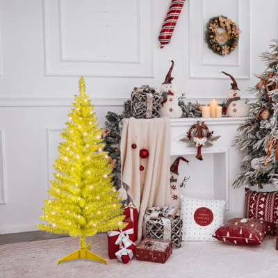 Arbre de Noël doré de 4 pi avec 50 lumières UL, 122 pointes en PVC, arbre de Noël pré-éclairé pour la décoration intérieure, petit espace, plateau de table, appartement ou bureau