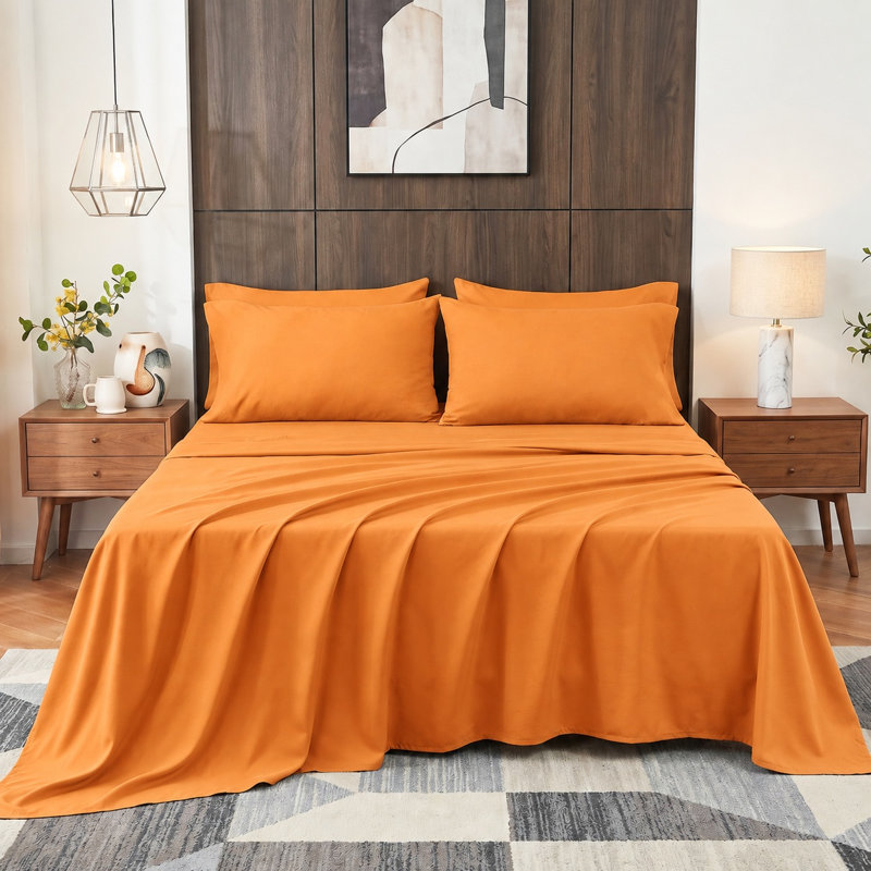 Ensemble de draps 3 pièces en coton pour lit simple, draps respirants et rafraîchissants, literie douce inspirée des hôtels, draps luxueux orange brûlé avec bonnet profond de 40 cm, infroissables et faciles d'entretien