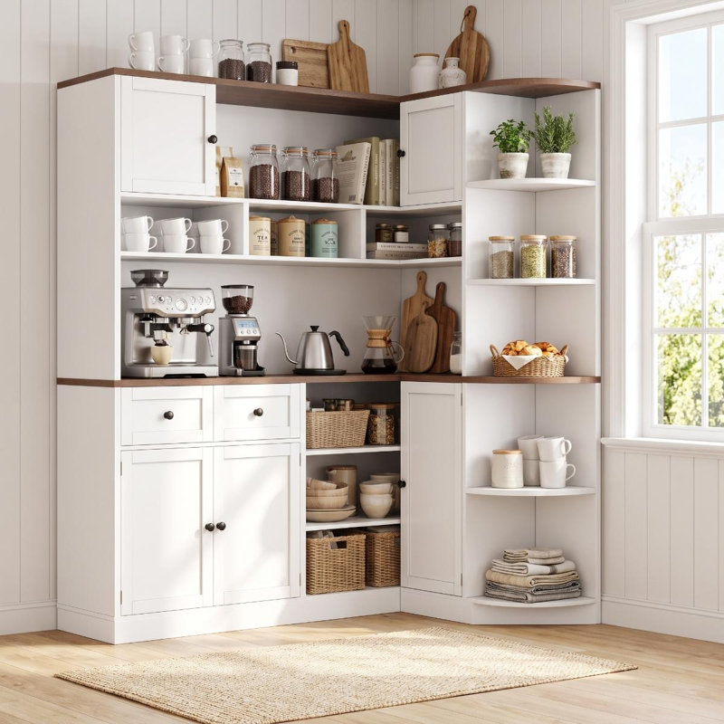 71" Tall Corner Bookshelf with Charging Station & Coffee Stand, White