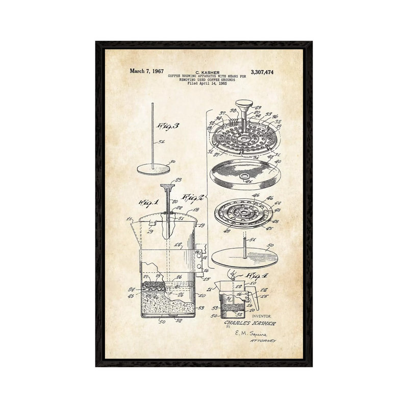 Coffee Press by Patent77 - Floater Frame Gallery-Wrapped Canvas Giclée on Canvas, Black , 66.04 cm H x 45.72 cm W