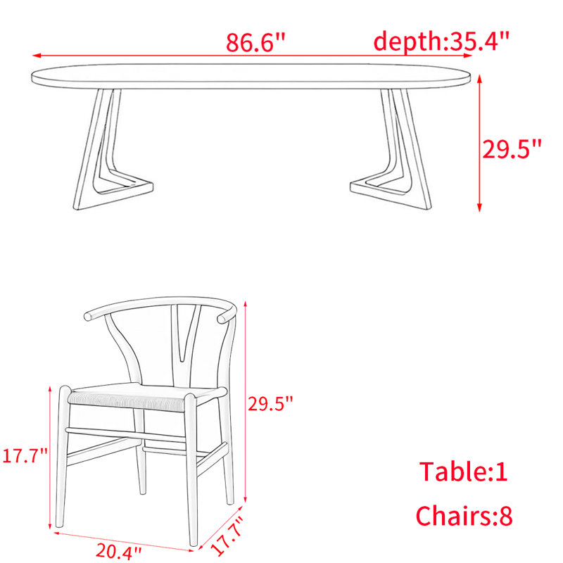 Ensemble de table à manger moderne et simple en bois massif., H 29,5 po x L 86,6 po x l 35,4 po