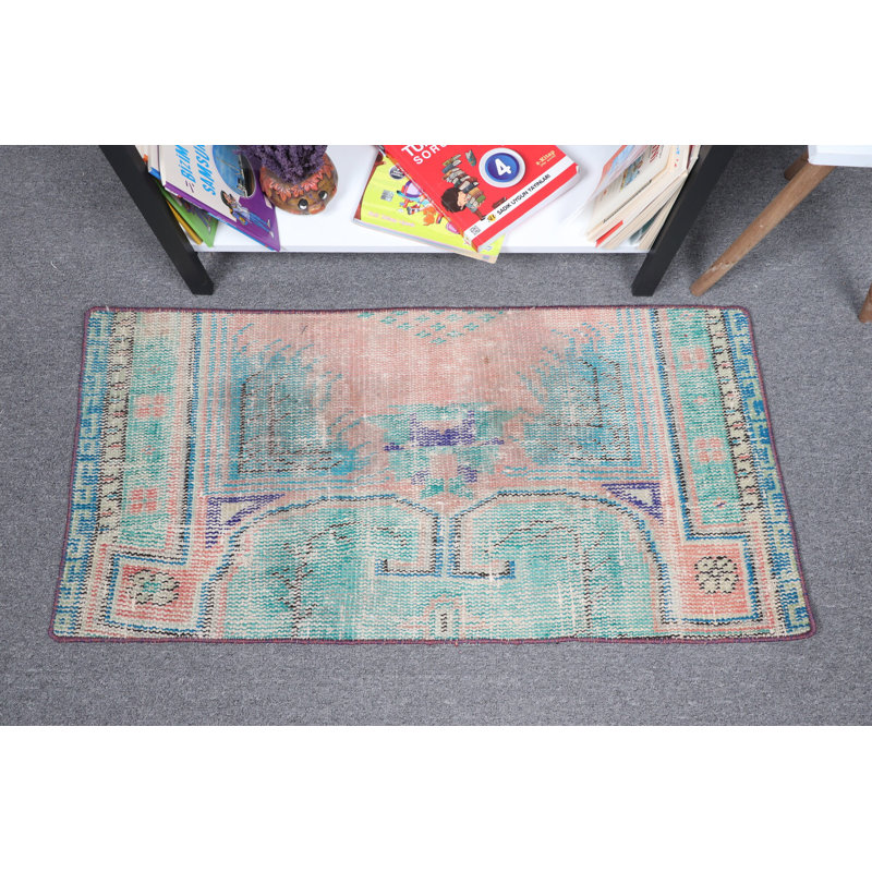 Vintage Handmade Turkish Rug in Small Size Featuring Colorful Green and Pink Boho Decor Perfect for Enhancing Your Living Space