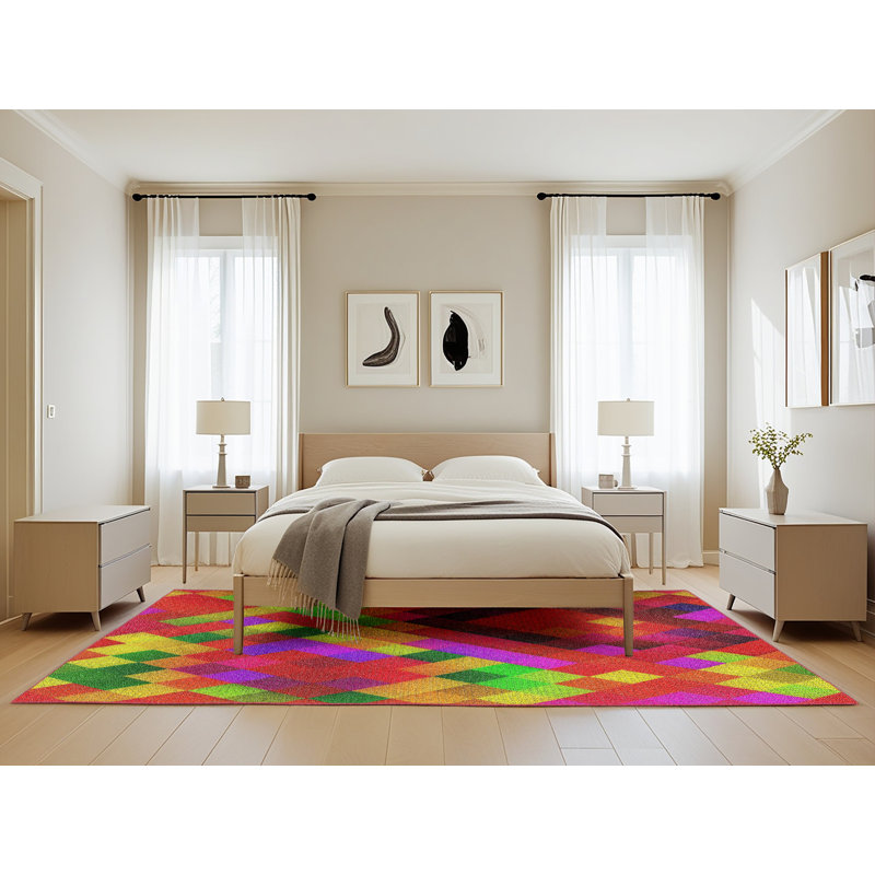 Tapis jaune/vert/rouge tissé à la machine, Rectangle 5 pi x 8 pi
