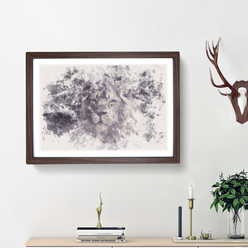 Lion in the Mist Watercolour - Picture Frame Graphic Art Print, 45cm H x 63cm W x 2cm D, Walnut Framed