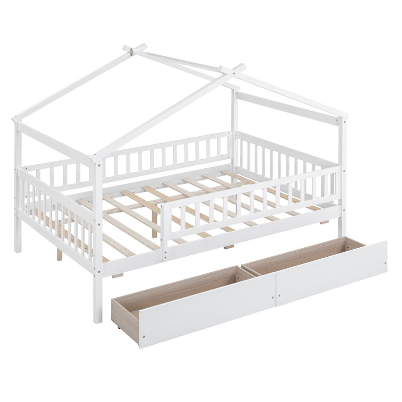 Lit double en bois avec deux tiroirs, Blanc, Lit double