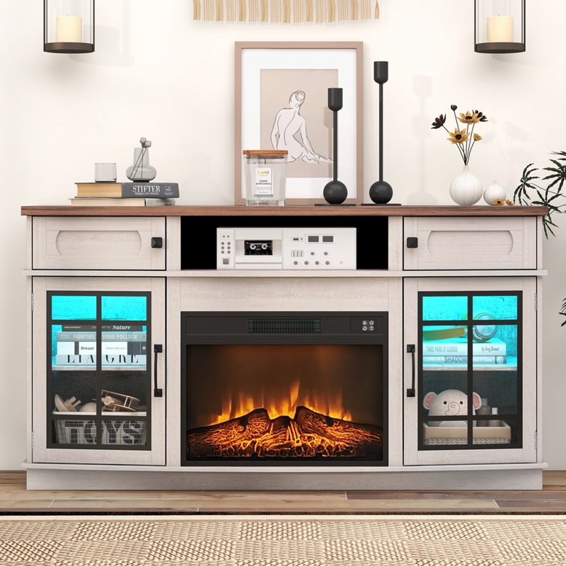 Curved Fireplace TV Stand with LED Light for TVs Up to 65", Entertainment Center with 23" Electric Fireplace, TV Stand with Glass Door Storage Cabinets & Open Shelves for Living Room