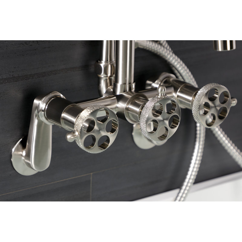 Kingston Brass Webb Three-Handle 2-Hole Adjustable Wall Mount Clawfoot Tub Faucet with Knurled Handle and Hand Shower, Gold