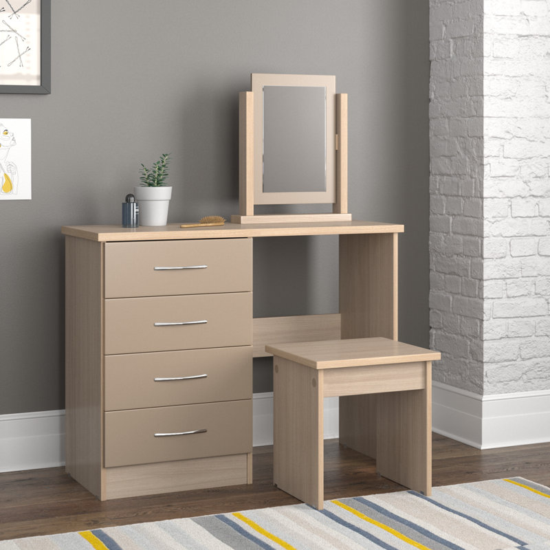 Cascio Dressing Table Set with Mirror, Oyster Gloss/Light Oak Effect Veneer
