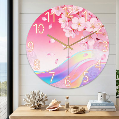 Landscape & Nature Pink Cherry Blossoms Rainbow Waves Pattern Ultra Clear Glass Wall Clock
