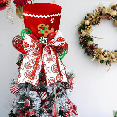 Christmas Tree Topper With Red Bow - 4.7 Inch Peppermint Candy & Gingerbread Man Decor, Festive Top Hat For Xmas Holiday Home Party Decorations