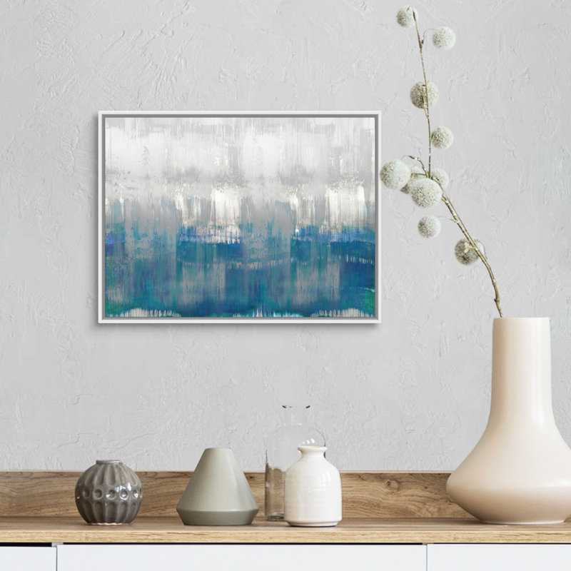Reproduction d’art sur toile abstraite goutte de blues grise par David Moore, Cadre blanc, H 14 po x l 18 po x P 1,75 po