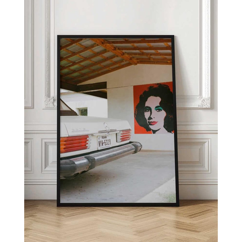 Vintage Mercedes Garage Art Print – Retro Americana Photograph, 32" H x 24" W, Black, Framed Print without Mat