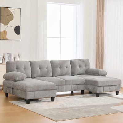 Canapé modulaire contemporain en forme de U en chenille de 103,5 po avec double méridienne, poches de rangement et coussins d'accoudoirs