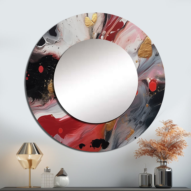 Obla Red and Black Marble Whispers III - miroir en marbre, miroir mural rond rouge unique, impression d'art en métal