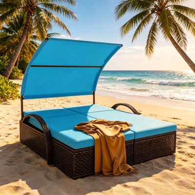 Double lit de bronzage extérieur avec structure en acier robuste, dossier réglable à angles multiples, accoudoirs arqués et table d'appoint cachée, parfait pour le patio, la terrasse de la piscine, le jardin et la cour