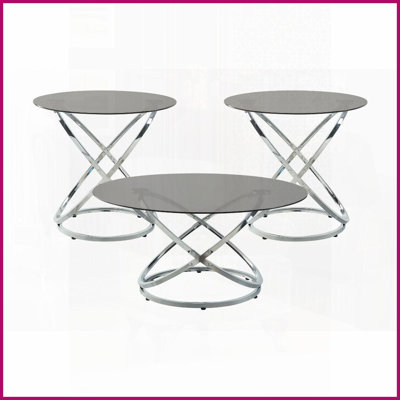 Ensemble de 3 tables basses modernes avec base chromée et amp; Verre trempé noir - idéal pour le salon, facile à nettoyer