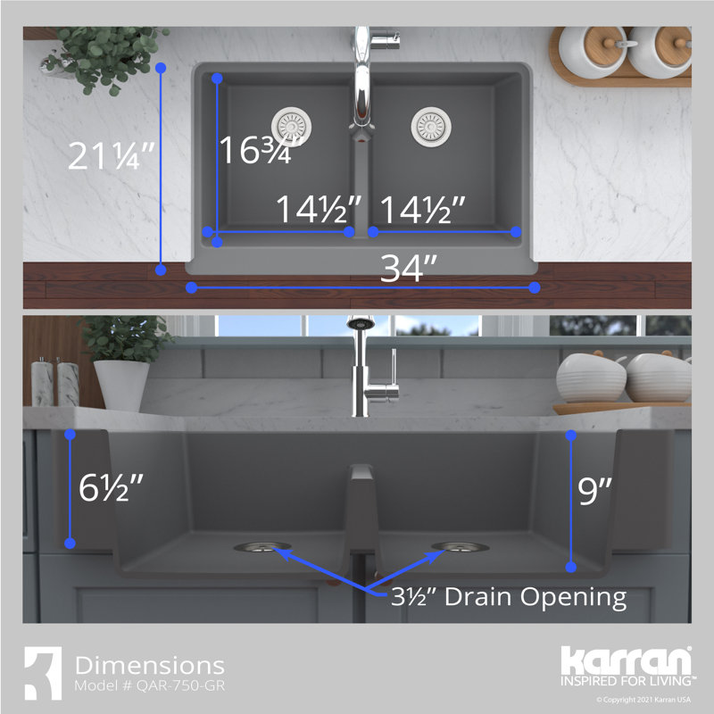 Karran Retrofit Farmhouse Apron Front Quartz Composite 34'' X 21-1/4'' 50/50 Double Bowl Kitchen Sink, Gray