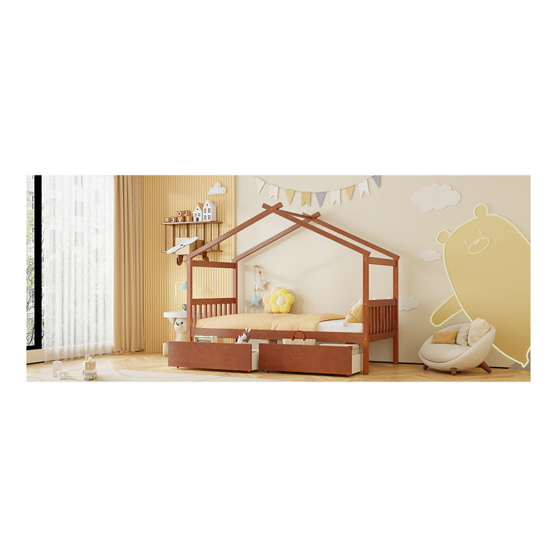 Lit simple en bois avec tiroirs, noyer, Noyer