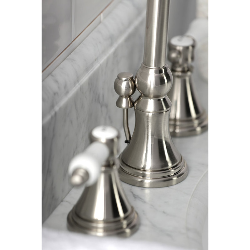Kingston Brass Bel-Air Two-Handle 3-Hole Deck Mount Widespread Bathroom Faucet with Brass Pop-Up Drain, Brushed Nickel