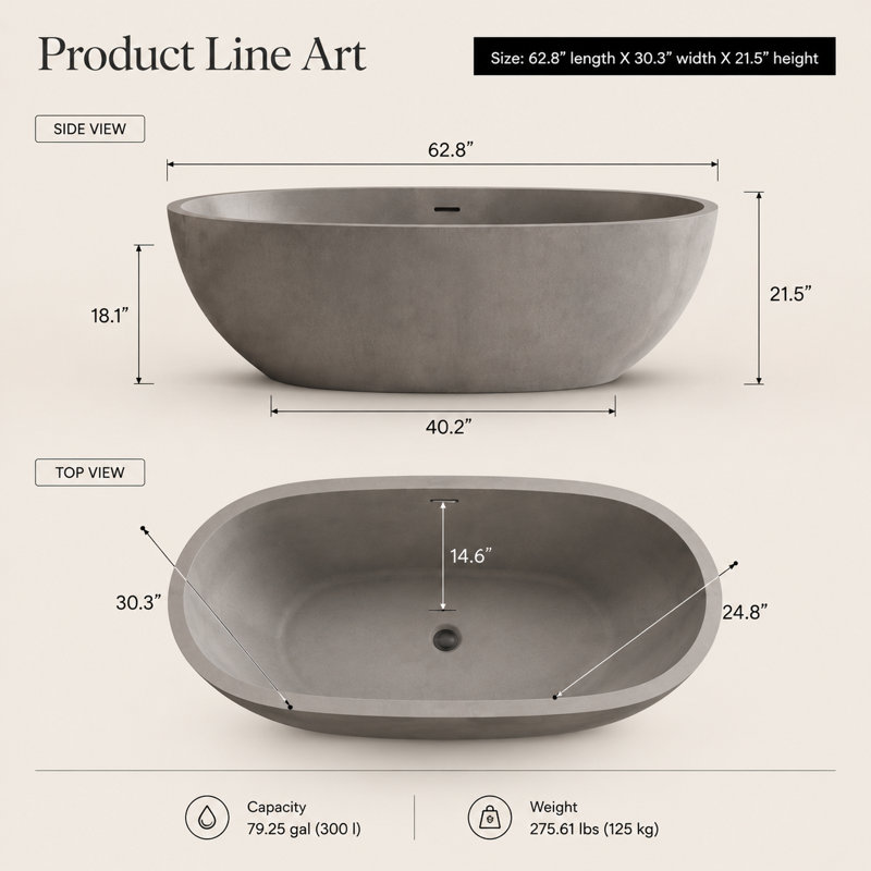 62.8'' L Soaking Bathtub, Gray