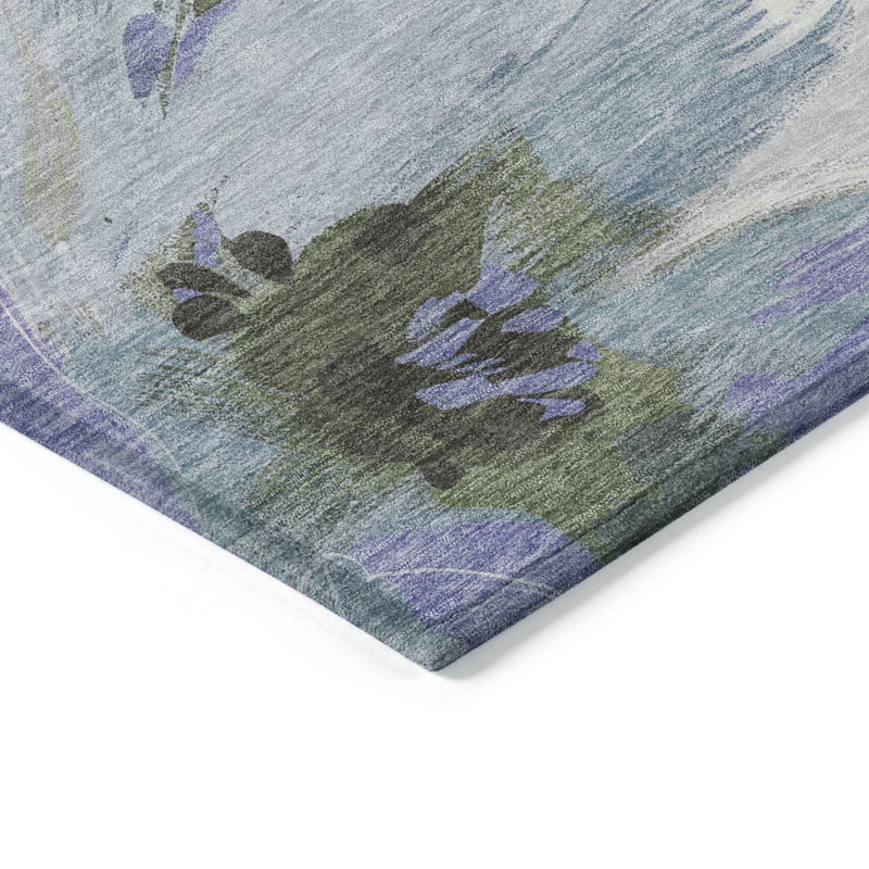 Olive and Blue Floral Synthetic Washable Area Rug