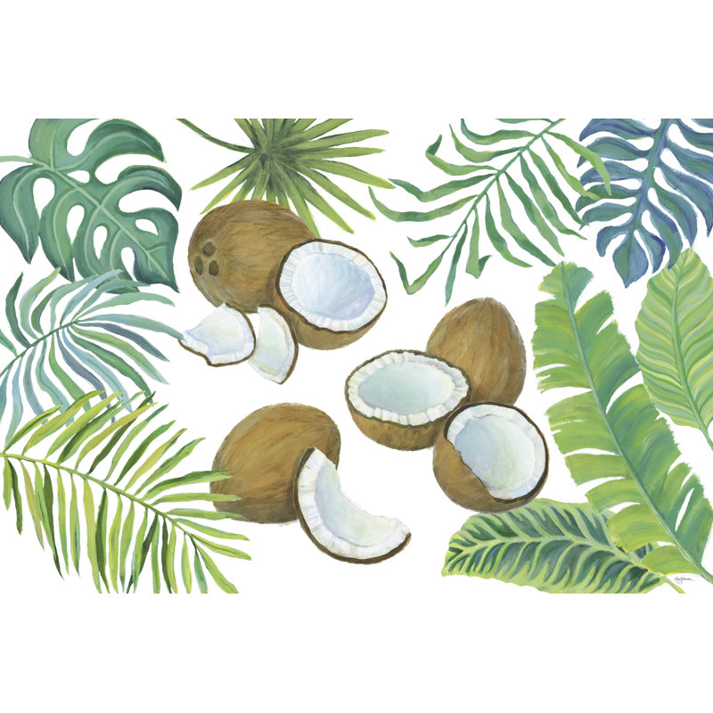 Noix de coco, palmier, crevettes, fougères, tropical, bord de mer, sur fond blanc, H 24 po x l 36 po x P 1,5 po