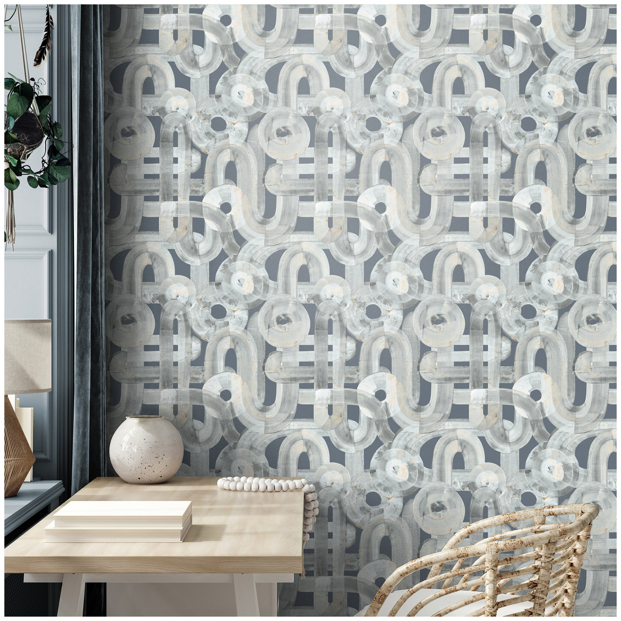 Salt Sheen Finish Penello Brush Dance Design Wallpaper Roll, Navy
